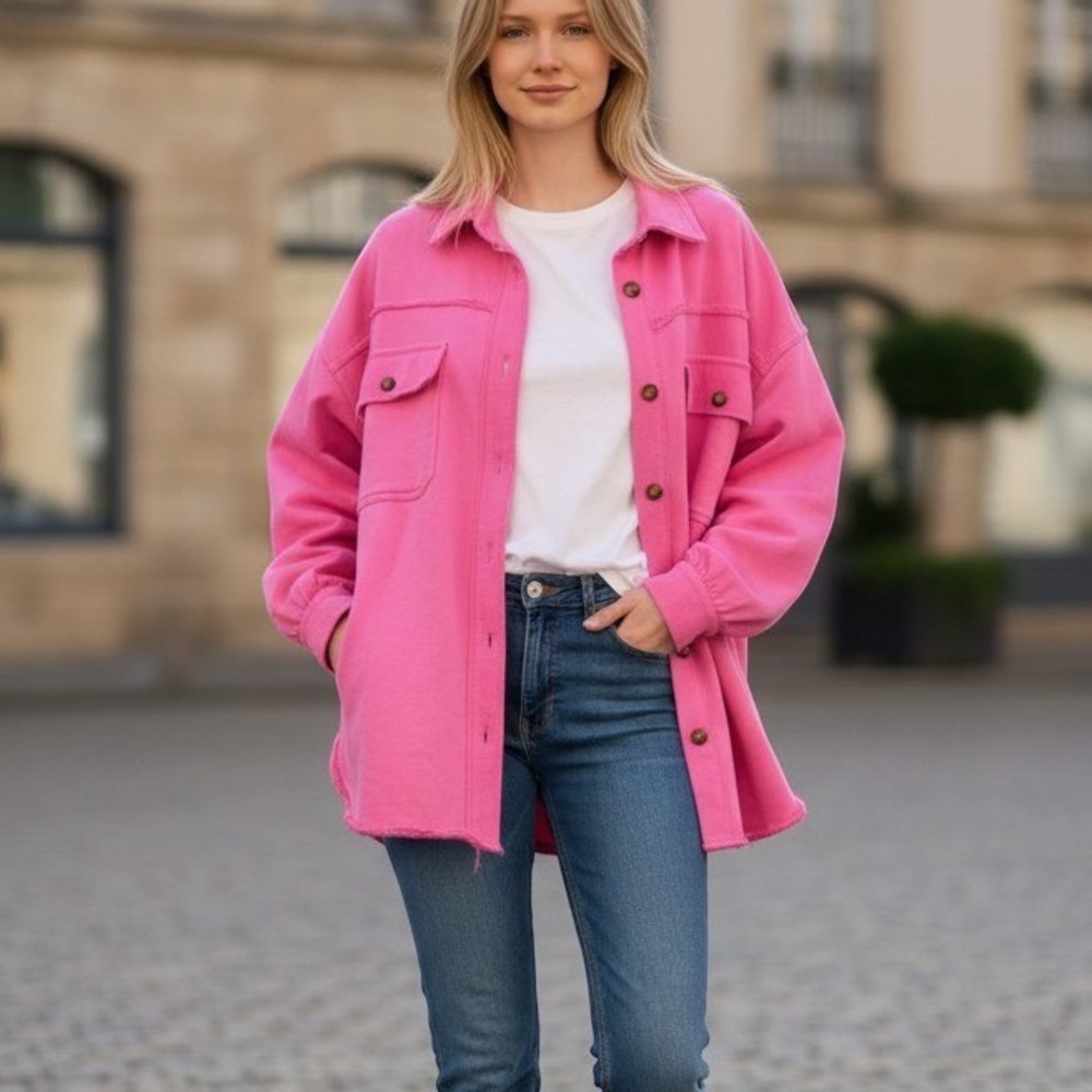 POL Pink Oversized Distressed Shacket Button Down Shirt Jacket BWT424 Small